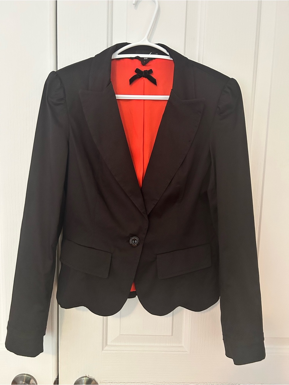 Black Scalloped-Hem Blazer with Bright Orange Lining